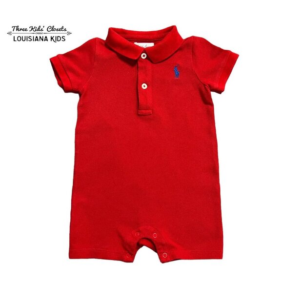 Ralph Lauren 9m Solid Red Polo Romper - Picture 1 of 4